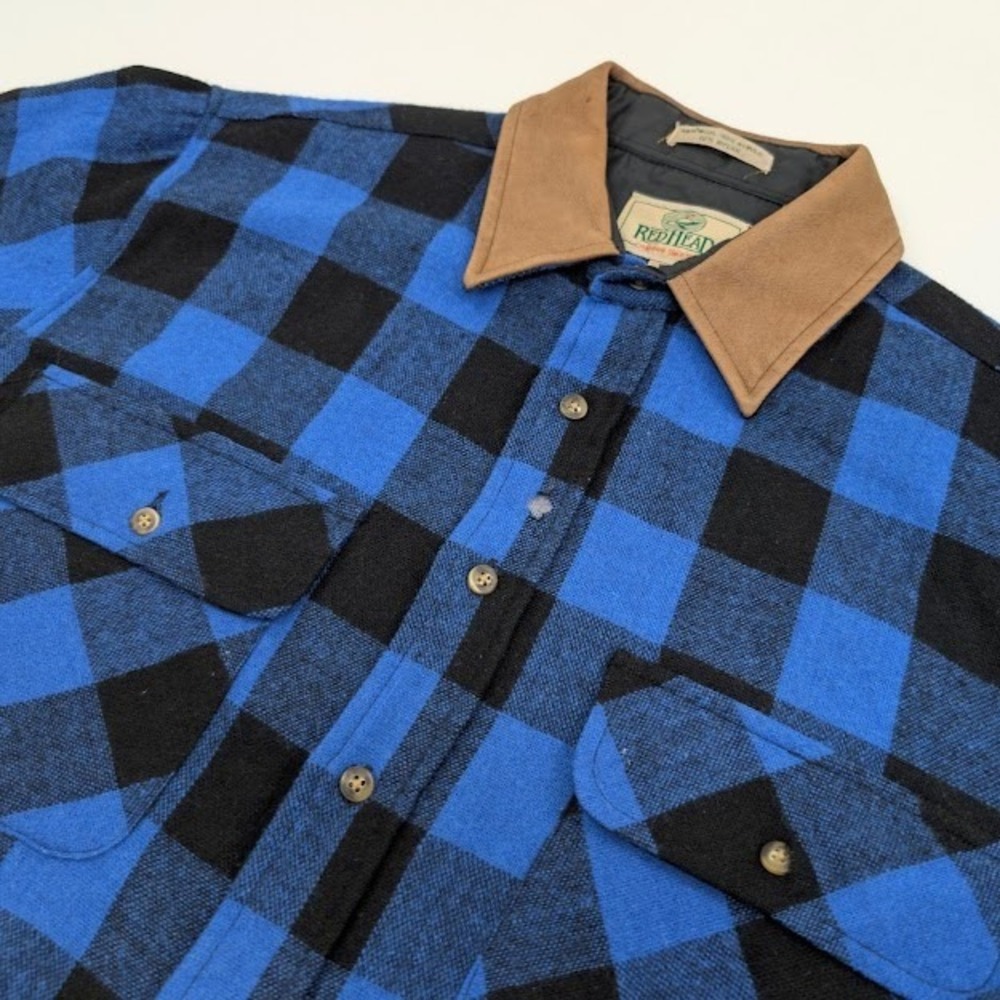 Vintage Red Head Flannel Mens‎ Large Blue Black Plaid Wool Blend Suede Collar